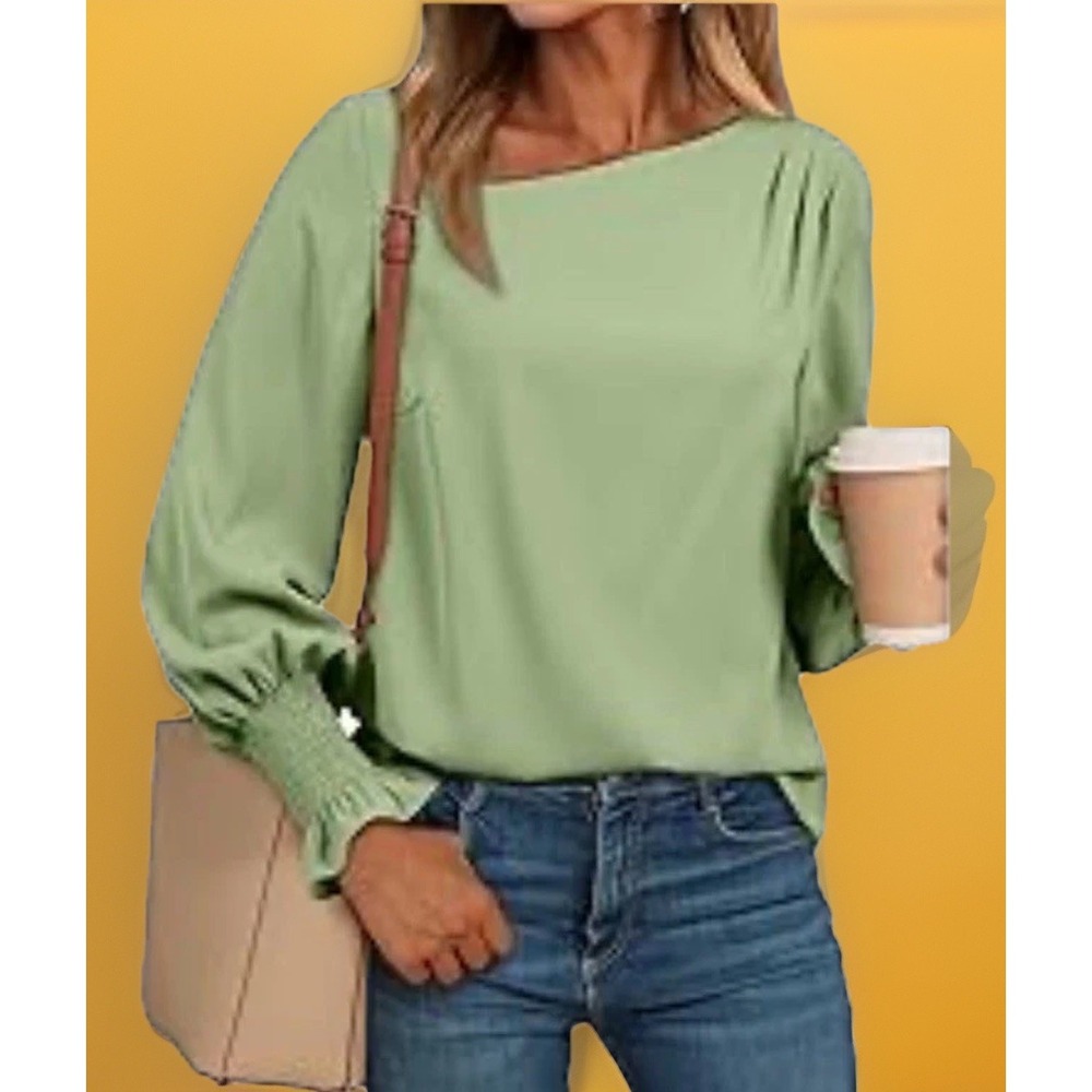 New! EVALESS Women's Casual Boho Olive‎ Size Large L Blouse Dress Shirt Top NWT